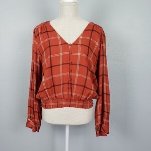 SANCTUARY Fool For You Plaid Button Down Peasant Top L Orange Academia Preppy